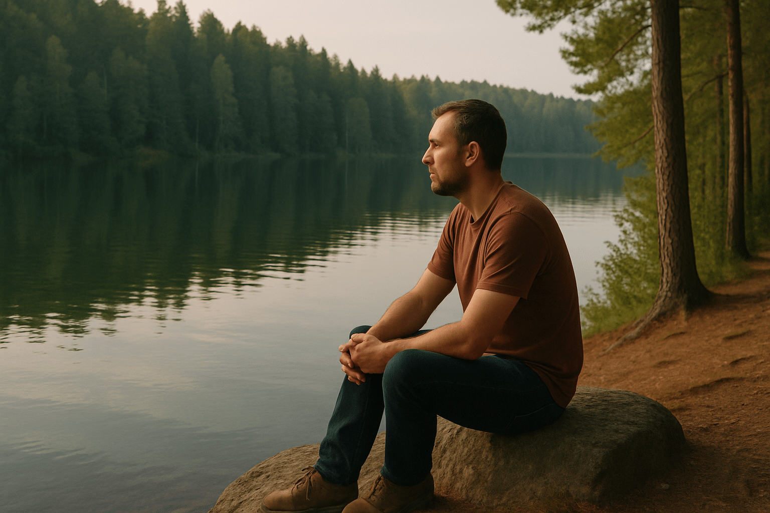 A man sitting next to a river
