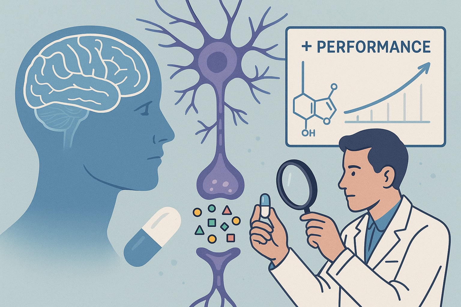 Illustration von Microdosing und Hirnleistung: Wissenschaftler untersucht Kapsel, mit Hirnaktivität, Neuronen und steigender Produktivität.
