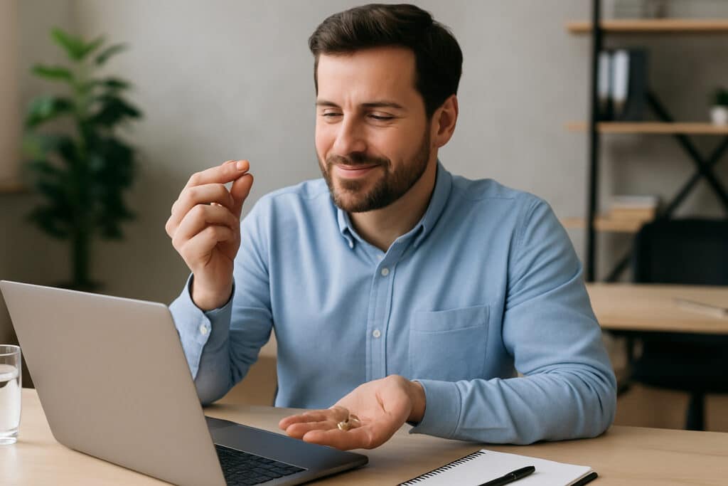 Mann im Büro schaut auf kleinen Microdosing-Trüffel auf dem Schreibtisch mit Laptop