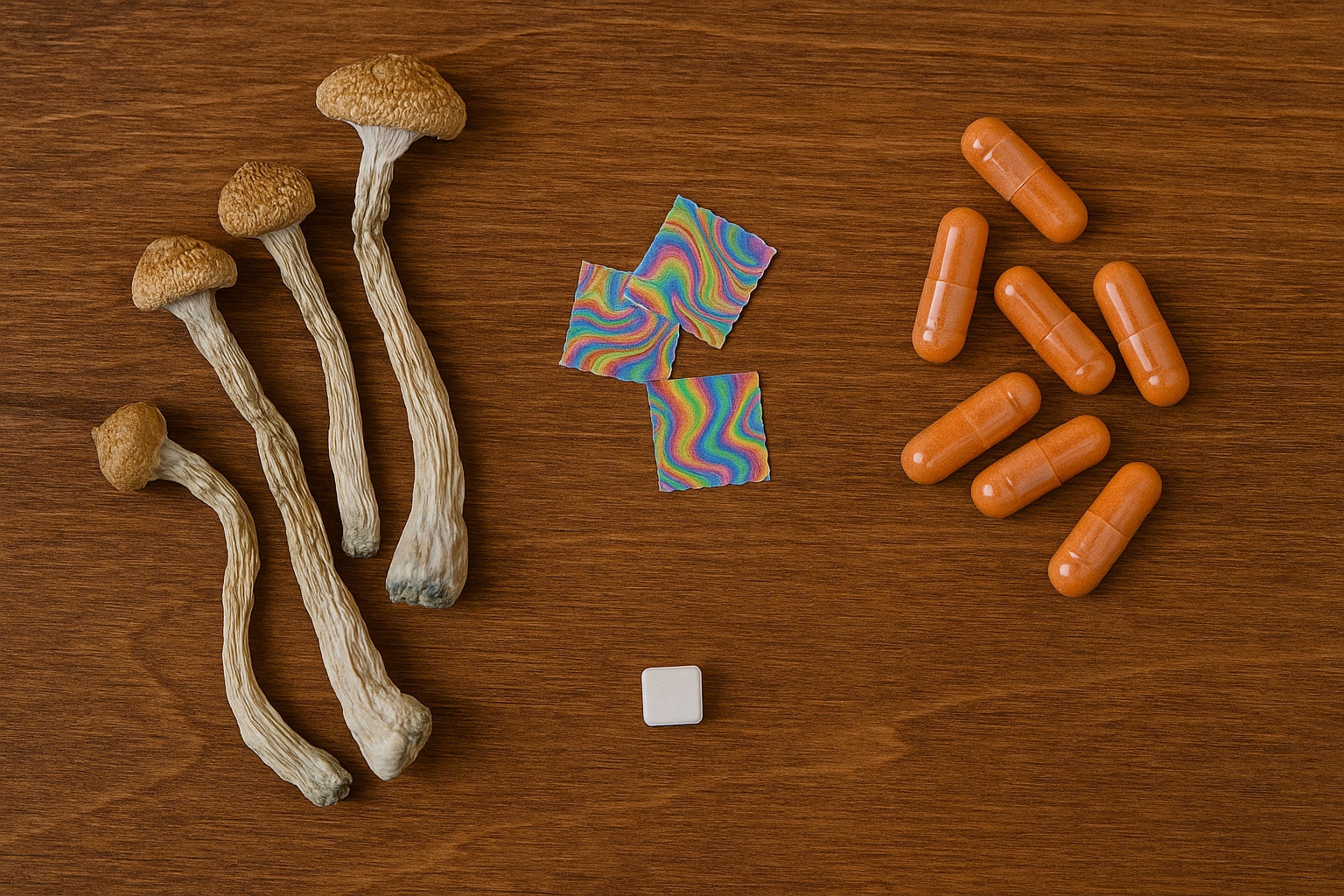 Varios medios psicodélicos sobre una superficie de madera, incluidos hongos de psilocibina secos, blotters de LSD coloridos y cápsulas de MDMA naranjas, cuidadosamente dispuestos uno al lado del otro.