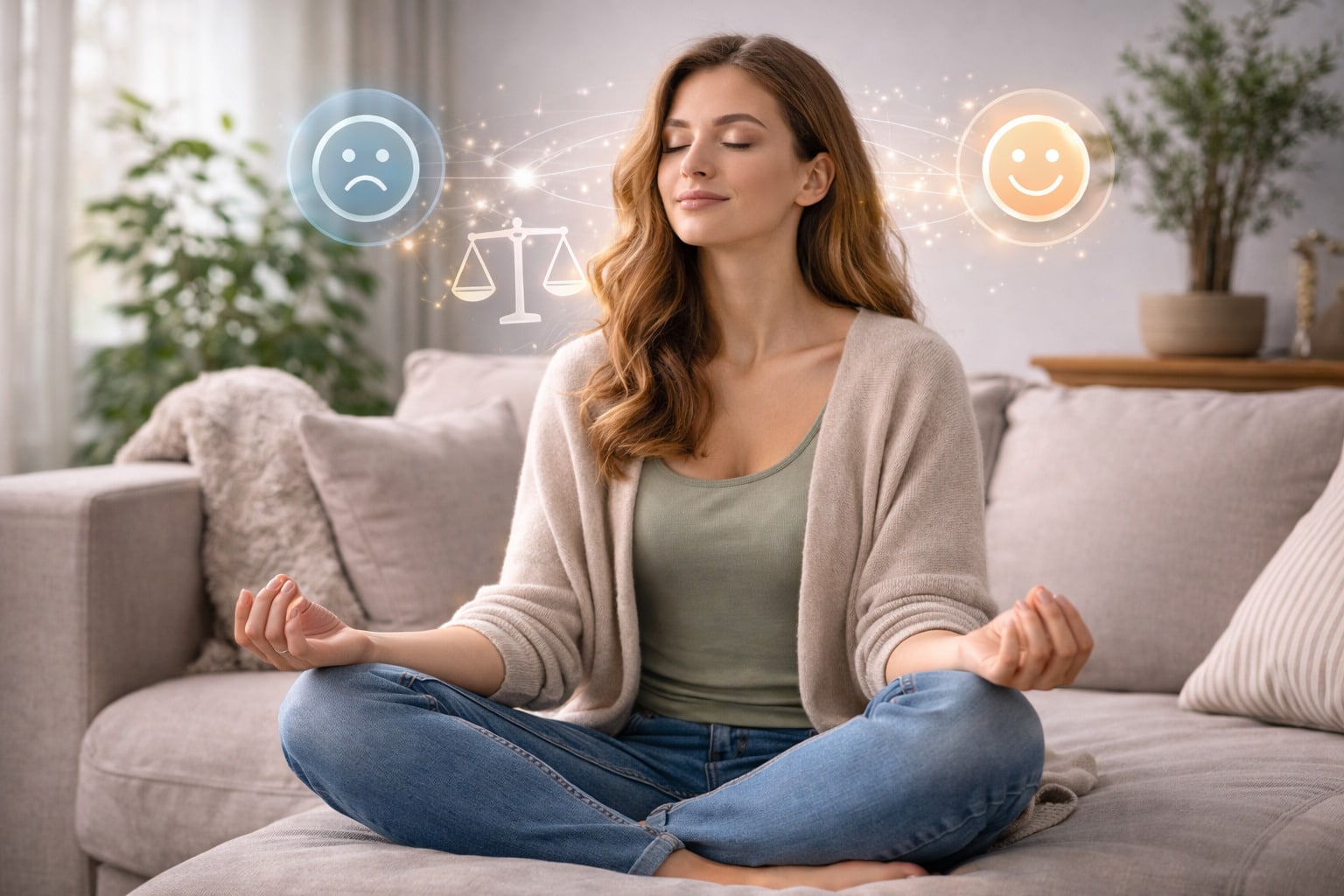 Vrouw mediteert met visuele symbolen van balans en emoties, illustratie van emotionele regulatie en mentale stabiliteit