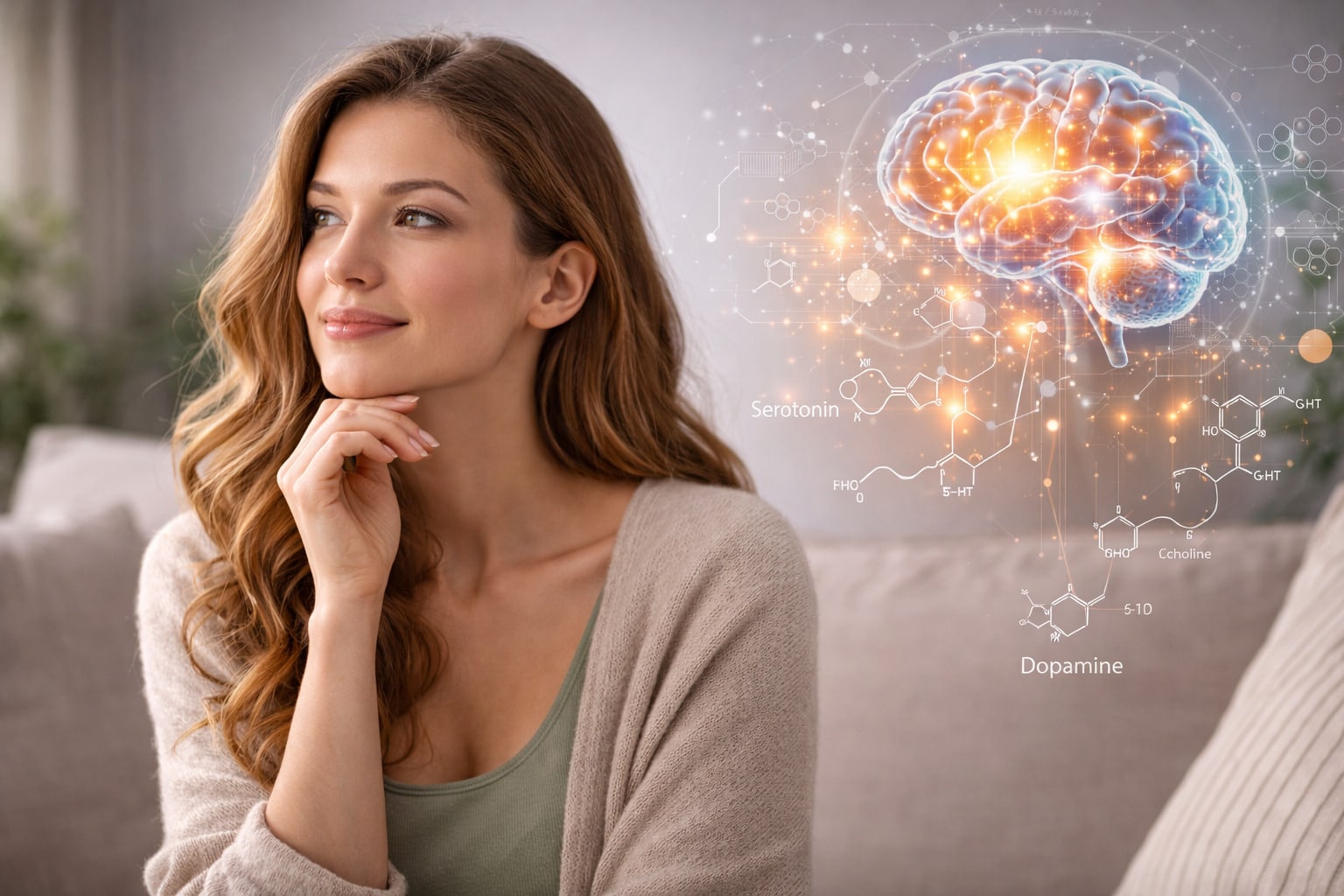 Vrouw kijkt rustig vooruit met visuele illustratie van hersenactiviteit en neurale verbindingen als symbool voor neurobiologische processen