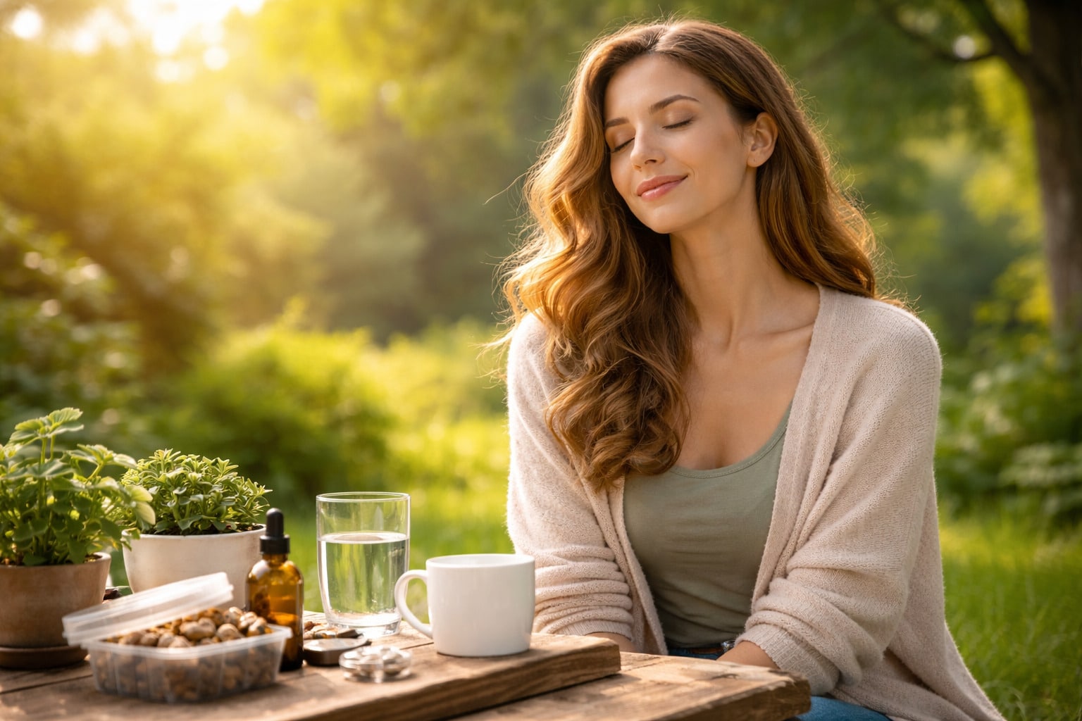 Gläschen mit Kapseln und Trüffeln auf einem Holztisch mit natürlichen Elementen, Stimmungsbild von Microdosing und bewusstem Gebrauch