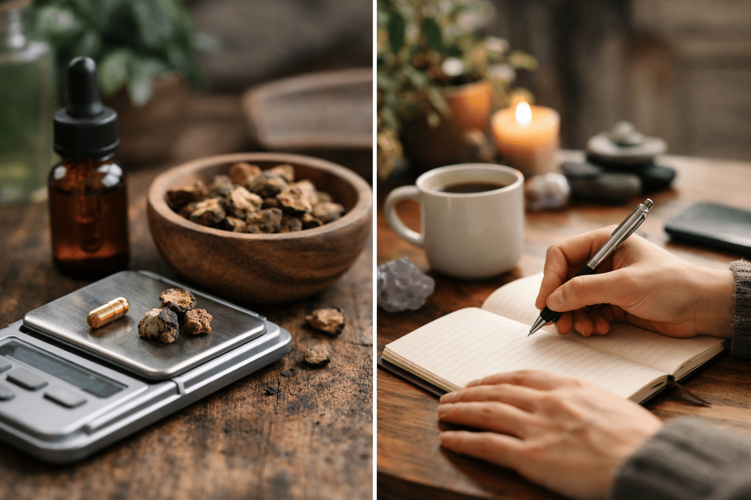 Microdosing-Tagebuch auf Schreibtisch mit Notizbuch, Stift, Kaffee und kleiner Dosierung Trüffeln