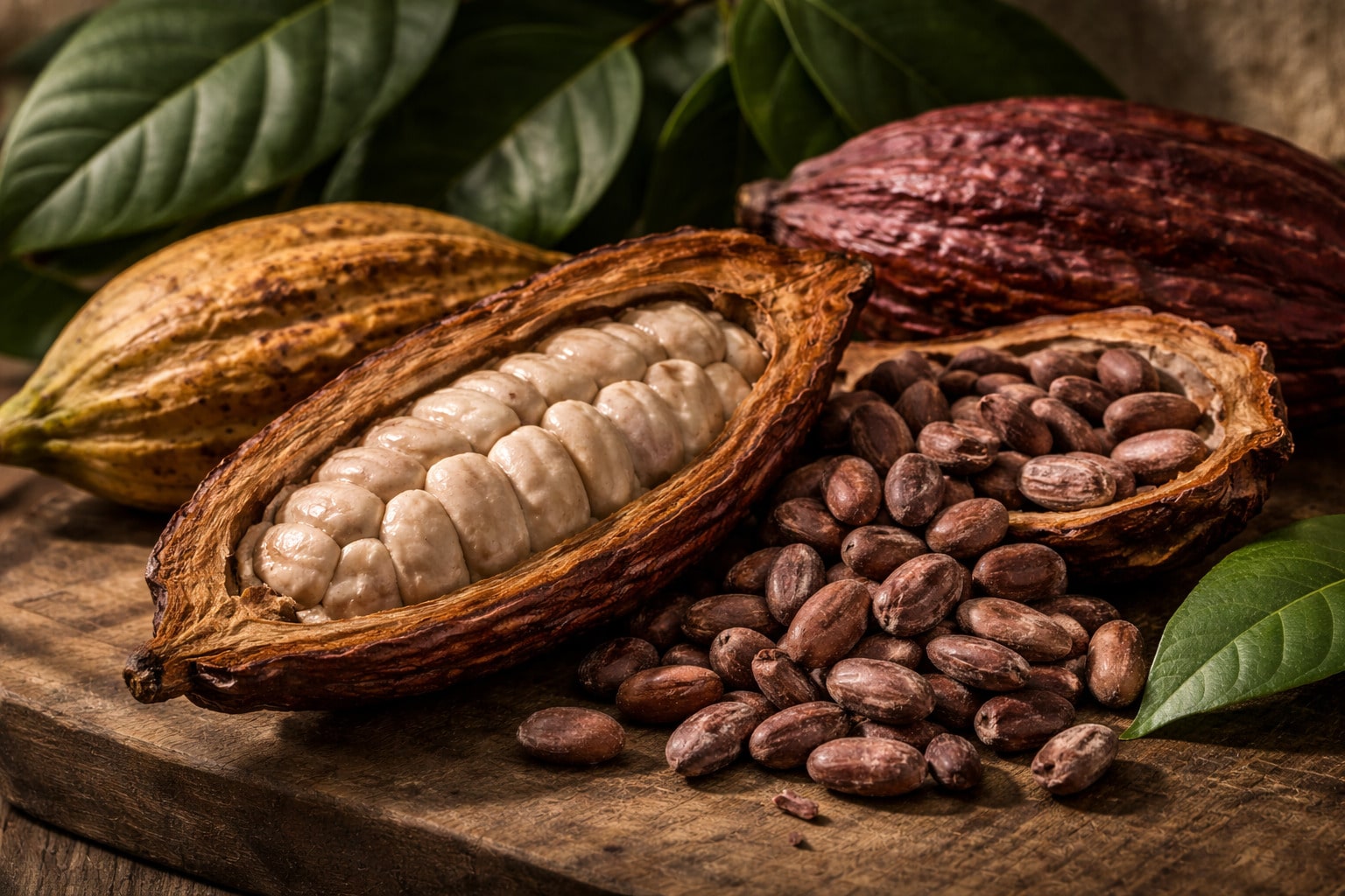 geopende cacaopeul met verse cacaobonen en gedroogde cacao bonen op houten oppervlak