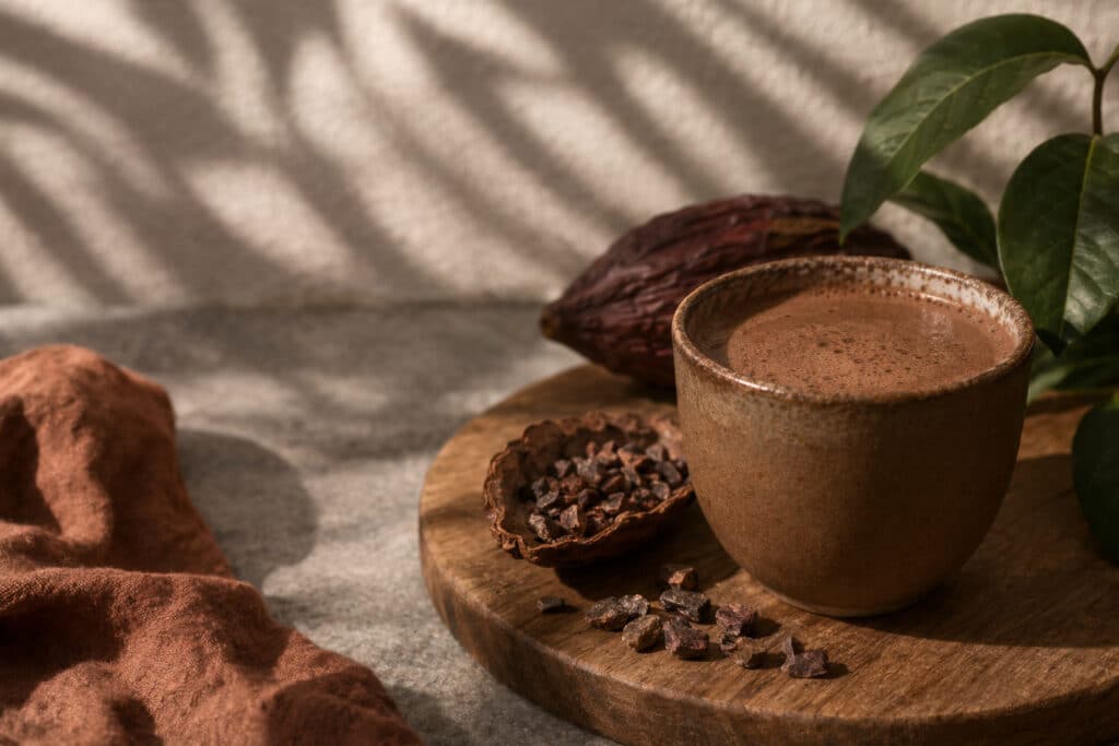 bebida caliente de cacao puro en taza de cerámica con nibs de cacao y vaina de cacao sobre fondo de madera