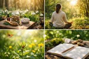 Collage van vier lente scènes in de natuur met magische truffels, meditatie in zonlicht, een bloem met lieveheersbeestje en een open notitieboek op een houten tafel in een rustige bosomgeving.