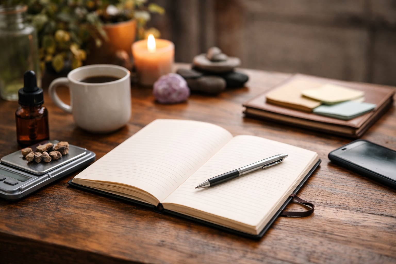notebook on wooden desk for keeping a microdosing journal