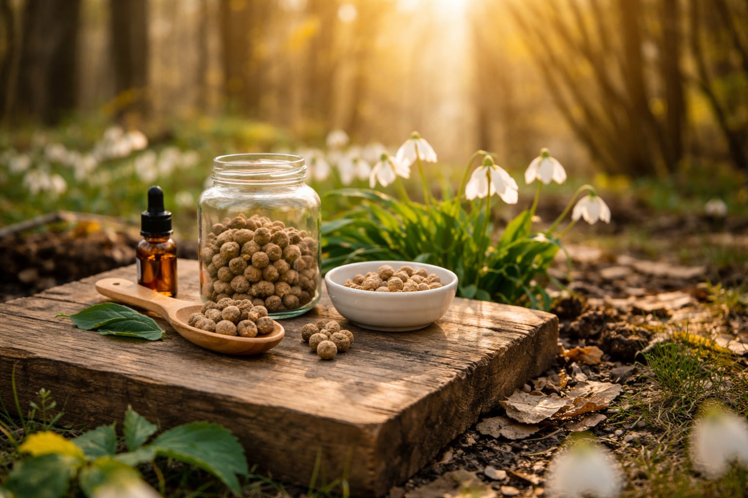 Barattolo di vetro con tartufi e cucchiaio di legno su uno scaffale rustico in un bosco primaverile soleggiato con fiori bianchi sullo sfondo..